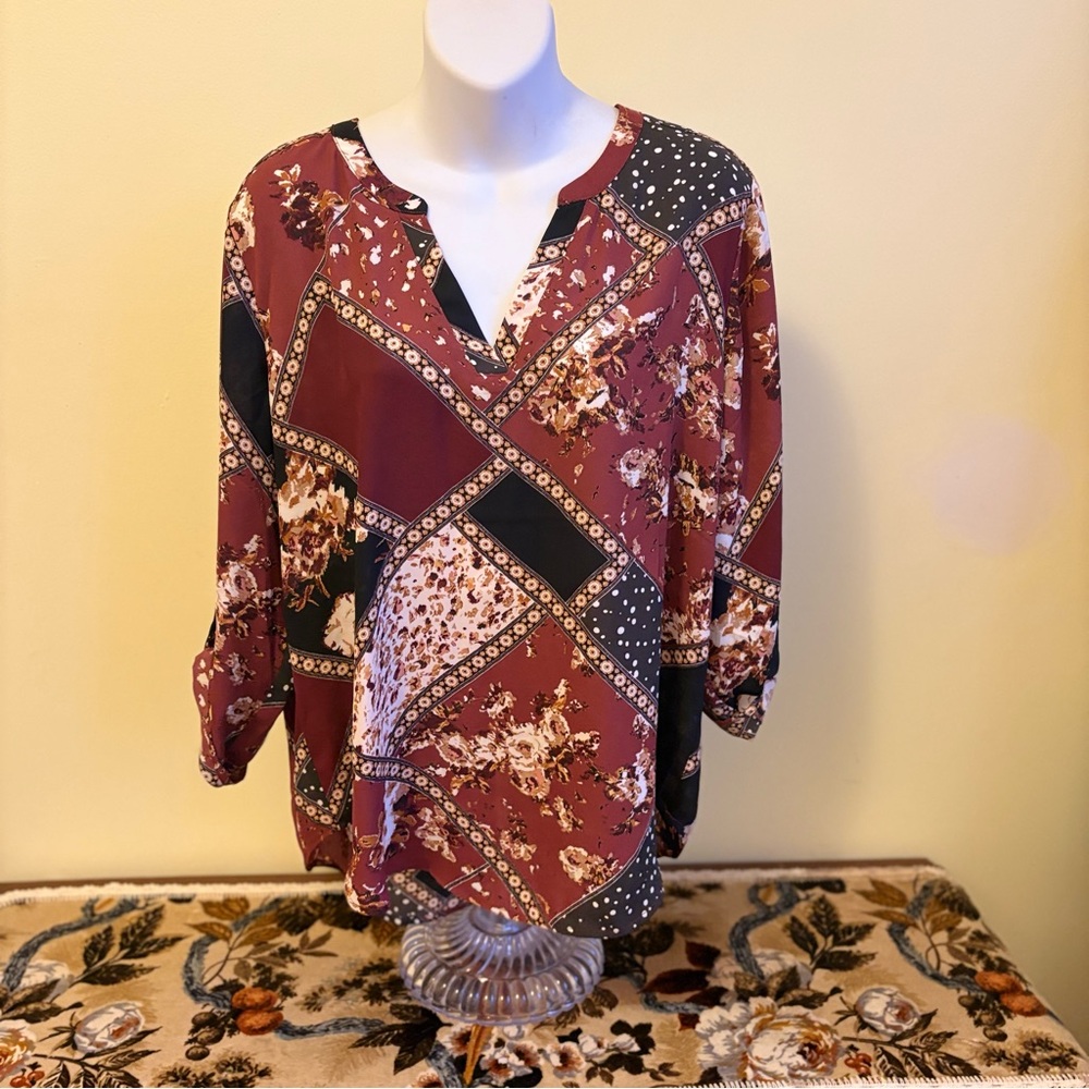 Maurices Burgundy Floral Patchwork Blouse